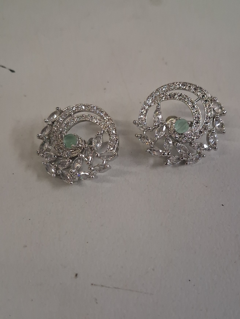 Silver-tone Crystal Floral Stud Earrings with Mint Accent